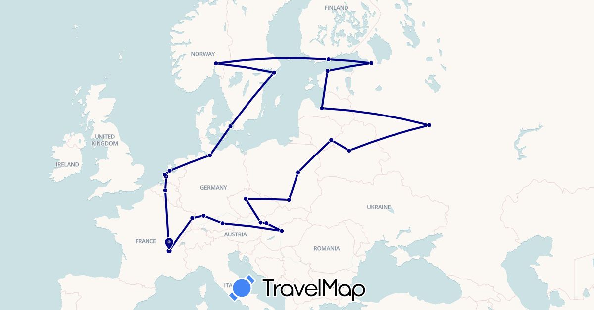 TravelMap itinerary: driving in Austria, Belgium, Belarus, Czech Republic, Germany, Denmark, Estonia, Finland, France, Hungary, Lithuania, Latvia, Netherlands, Norway, Poland, Russia, Sweden, Slovakia (Europe)